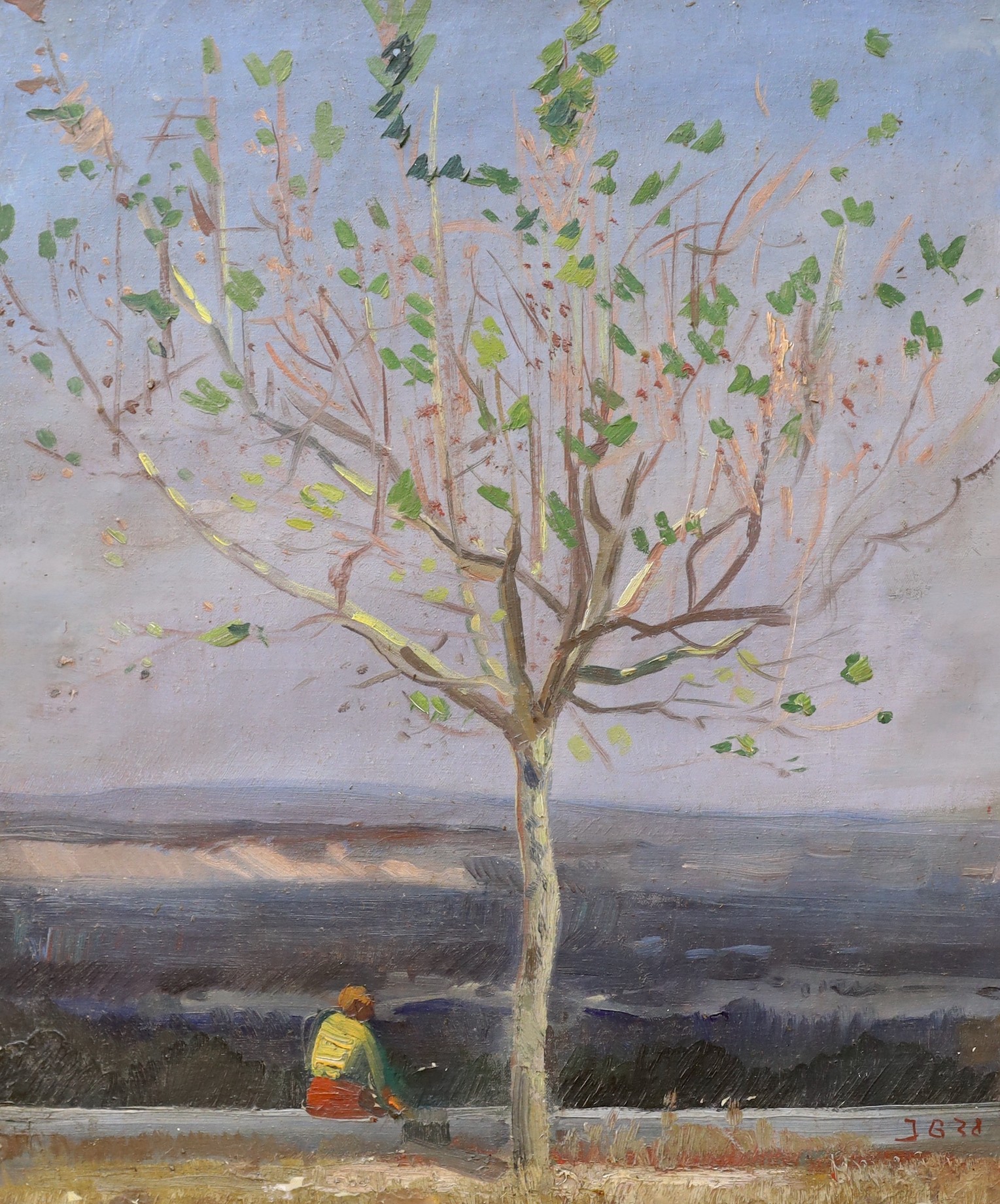 Joseph Burgess, oil on canvas, Landscape with woman seated beneath a tree, initialled and dated '38, 65 x 54cm, unframed